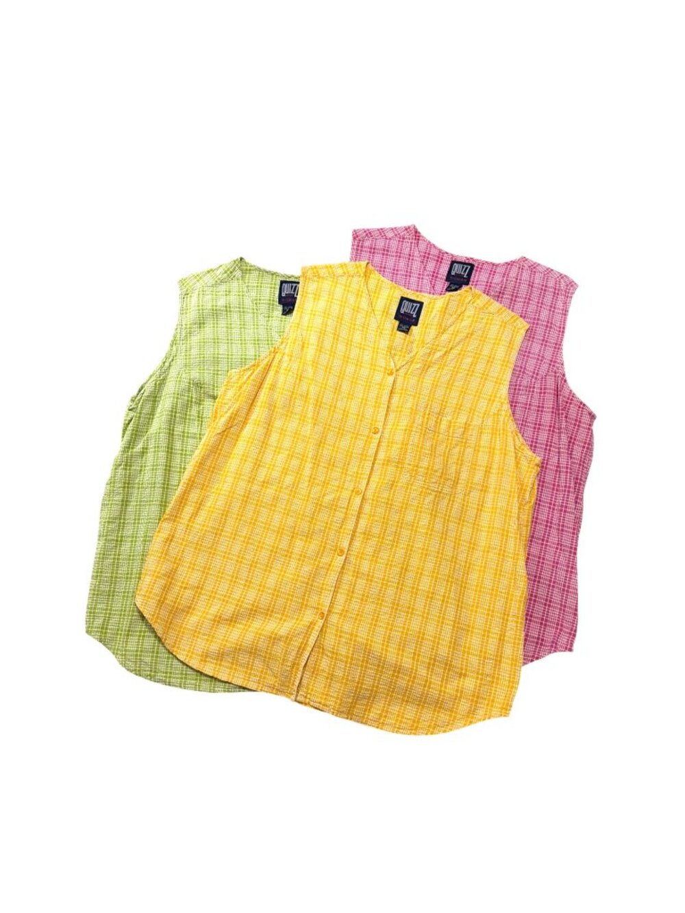 Quizz New York Womens Sleeveless Plaid Button-Down Shirts In Yellow Pink & Green